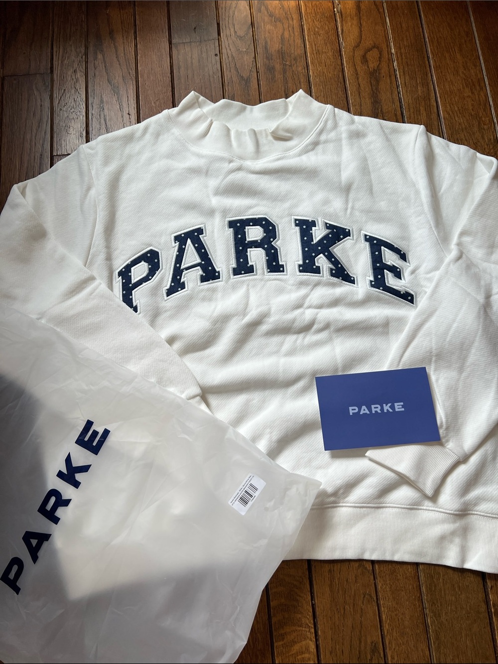 PARKE White Denim Polka Dot Varsity Mockneck Heritage Size L/XL NEW IN BAG NWT